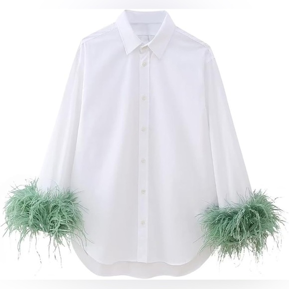 Zara Tops - Zara Poplin Shirt with Green Feather Cuffs
